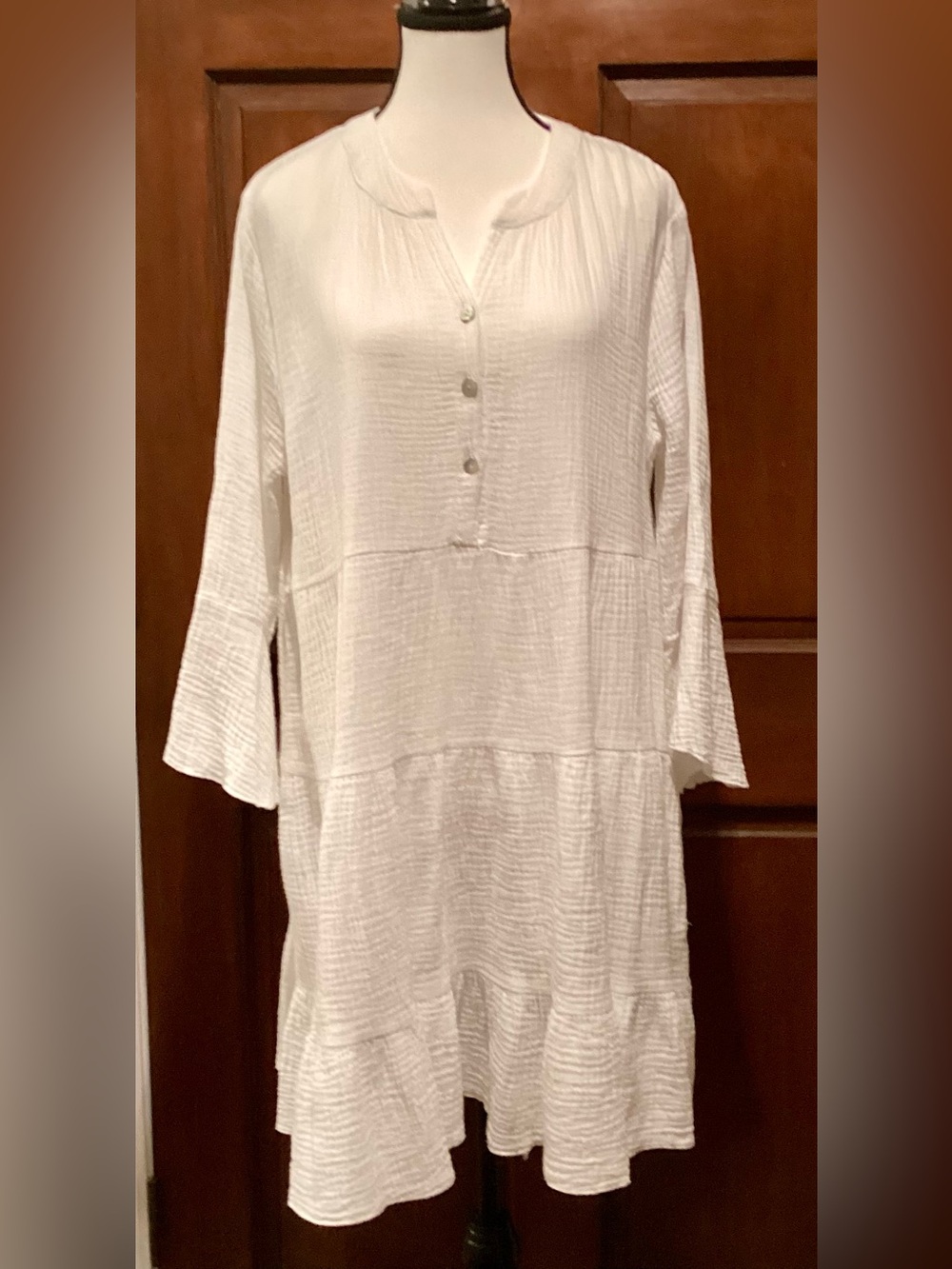 Kaktus White Cotton Gauze Tiered Babydoll Boho Dress Bell Sleeve Cottage  Medium